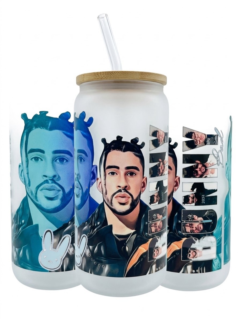 Hand Crafted Frosted Glass Jar Tumbler with Blue Portrait Artwork and Bamboo Lid